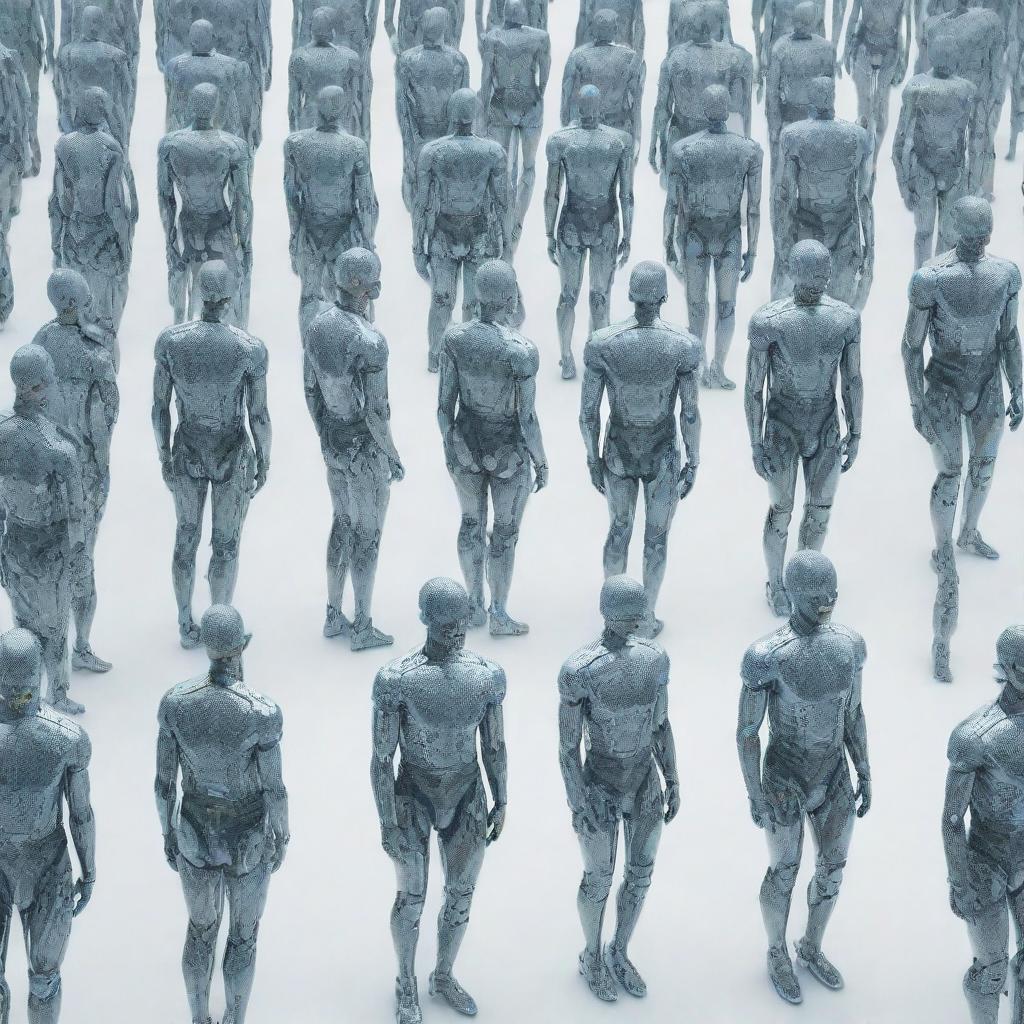 An array of digital neural clones representing a population, styled in vivid cyberpunk aesthetics against a crisp, white background.