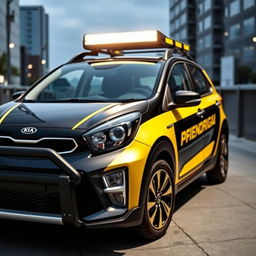 A sleek, modern Kia Picanto car featuring a striking black and yellow branding design