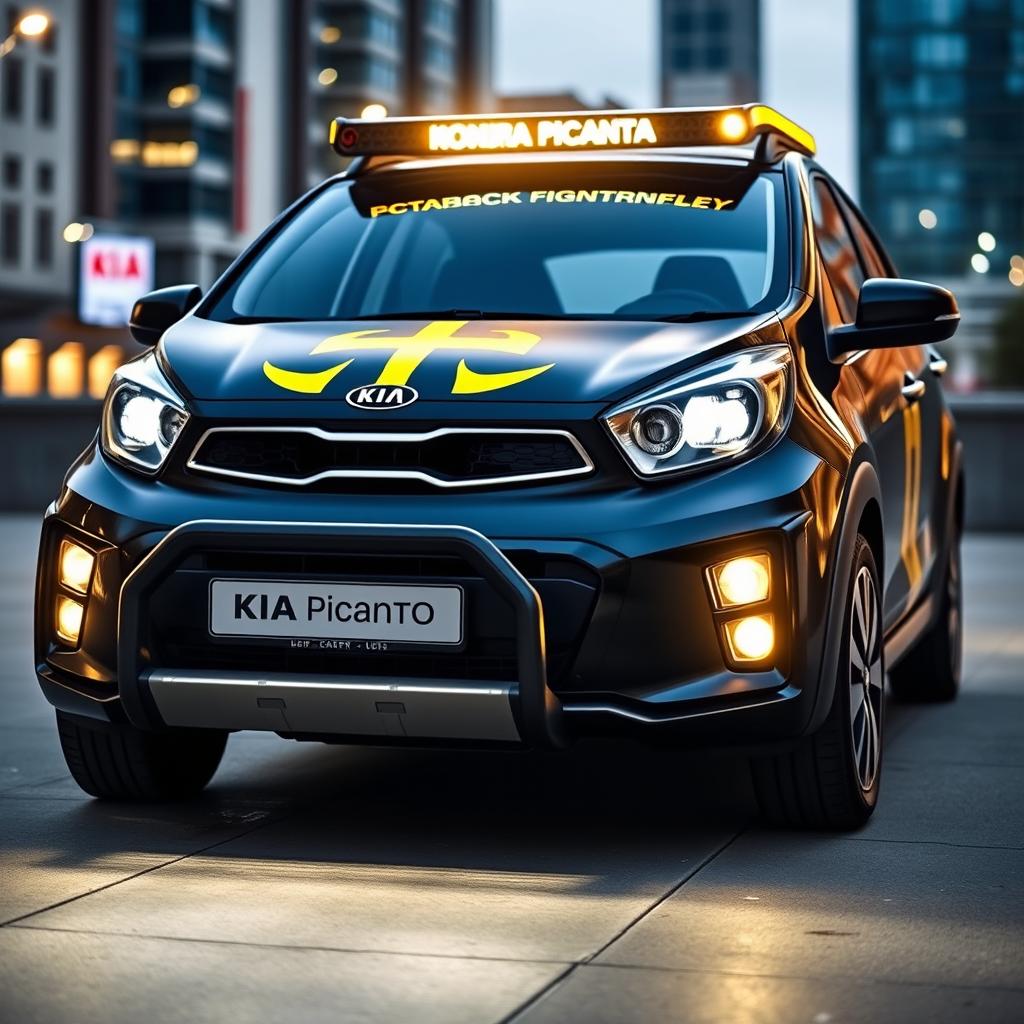 A sleek, modern Kia Picanto car featuring a striking black and yellow branding design