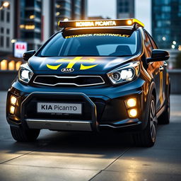 A sleek, modern Kia Picanto car featuring a striking black and yellow branding design