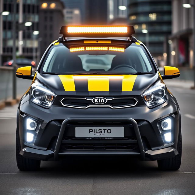 A sleek, modern Kia Picanto car featuring a striking black and yellow branding design