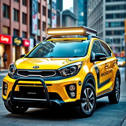 A dynamic and stylish Kia Picanto prominently showcasing its bold black and yellow branding