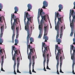 An array of digital neural clones representing a population, styled in vivid cyberpunk aesthetics against a crisp, white background.