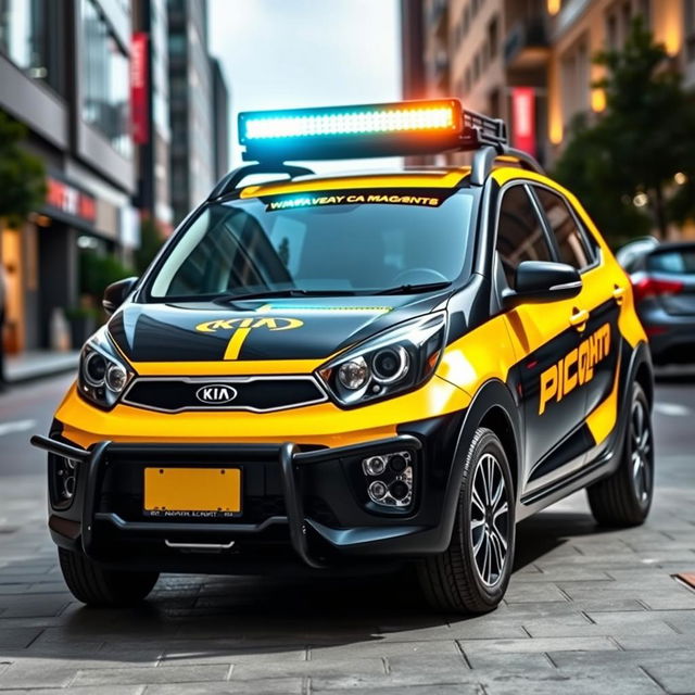 A dynamic and stylish Kia Picanto prominently showcasing its bold black and yellow branding