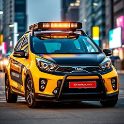 A dynamic and stylish Kia Picanto prominently showcasing its bold black and yellow branding