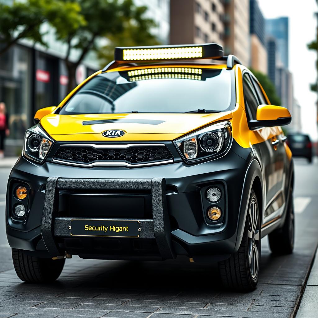 A dynamic and stylish Kia Picanto prominently showcasing its bold black and yellow branding