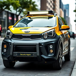 A dynamic and stylish Kia Picanto prominently showcasing its bold black and yellow branding