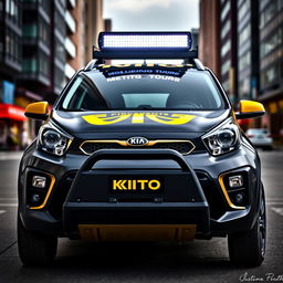 A stylish Kia Picanto featuring bold black and yellow branding