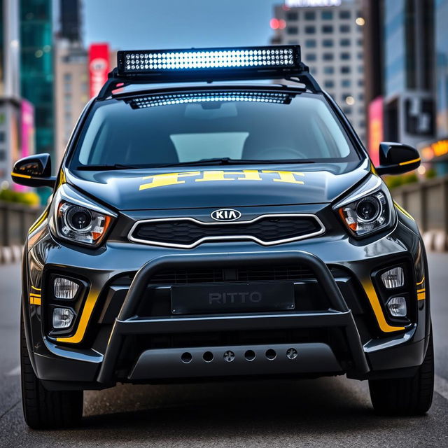 A stylish Kia Picanto featuring bold black and yellow branding