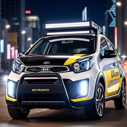 A stylish Kia Picanto featuring bold black and yellow branding