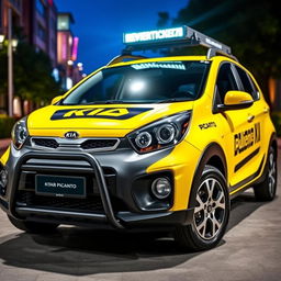 A vibrant Kia Picanto featuring eye-catching black and yellow branding