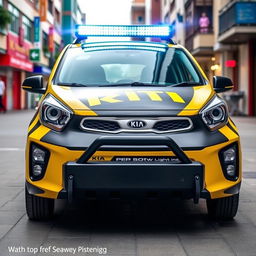 A vibrant Kia Picanto featuring eye-catching black and yellow branding