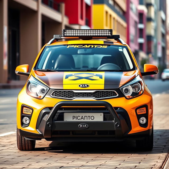 A vibrant Kia Picanto featuring eye-catching black and yellow branding