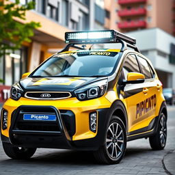 A vibrant Kia Picanto featuring eye-catching black and yellow branding