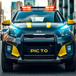 A striking Kia Picanto featuring bold black and yellow branding, showcasing its unique and modern design