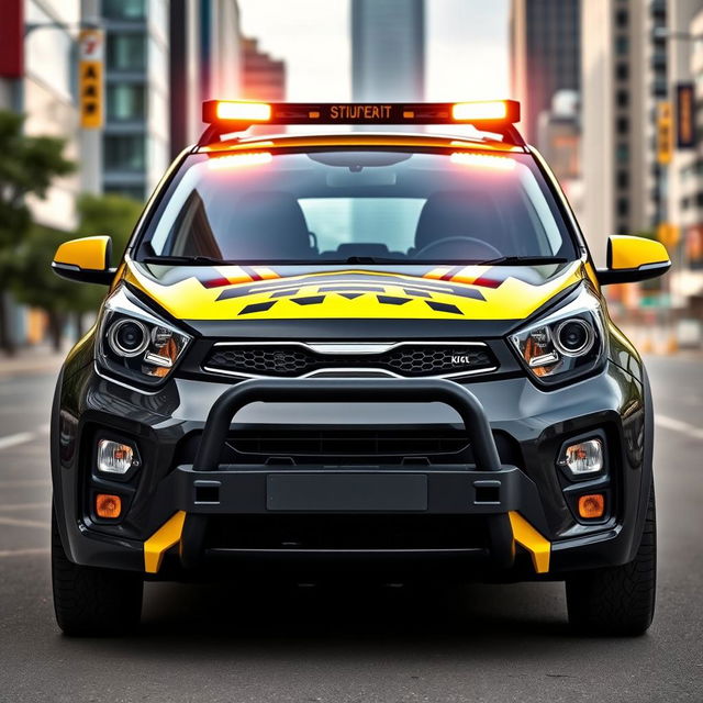 A striking Kia Picanto featuring bold black and yellow branding, showcasing its unique and modern design