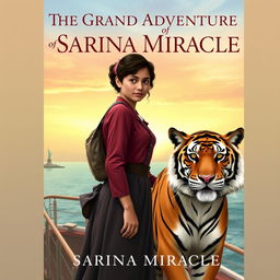 Book cover for 'The Grand Adventure of Sarina Miracle', featuring a mixed race young woman from India in early 1900s attire, looking determined and adventurous while standing on a ship's deck against a backdrop of the Statue of Liberty in the distance