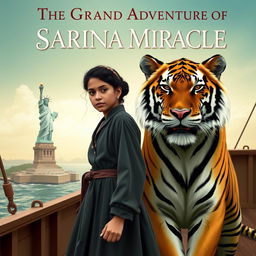 Book cover for 'The Grand Adventure of Sarina Miracle', featuring a mixed race young woman from India in early 1900s attire, looking determined and adventurous while standing on a ship's deck against a backdrop of the Statue of Liberty in the distance