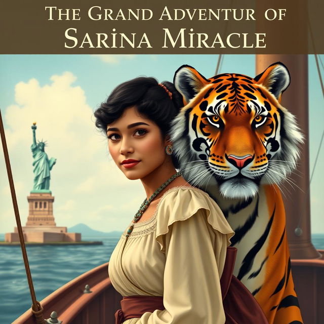 Book cover for 'The Grand Adventure of Sarina Miracle', featuring a mixed race young woman from India in early 1900s attire, looking determined and adventurous while standing on a ship's deck against a backdrop of the Statue of Liberty in the distance