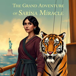 Book cover for 'The Grand Adventure of Sarina Miracle', featuring a mixed race young woman from India in early 1900s attire, looking determined and adventurous while standing on a ship's deck against a backdrop of the Statue of Liberty in the distance