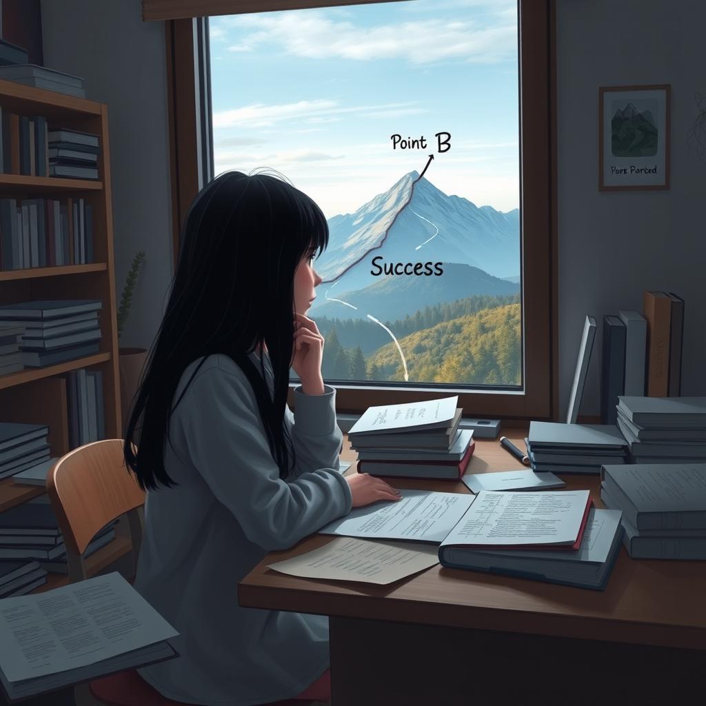 A reflective and introspective scene depicting a young student with black hair sitting at a desk in a cozy study room, surrounded by books and study materials