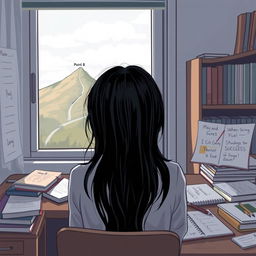A reflective and introspective scene depicting a young student with black hair sitting at a desk in a cozy study room, surrounded by books and study materials