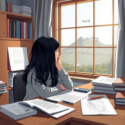 A reflective and introspective scene depicting a young student with black hair sitting at a desk in a cozy study room, surrounded by books and study materials