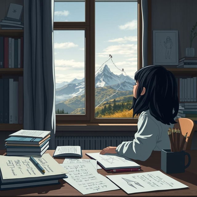 A reflective and introspective scene depicting a young student with black hair sitting at a desk in a cozy study room, surrounded by books and study materials