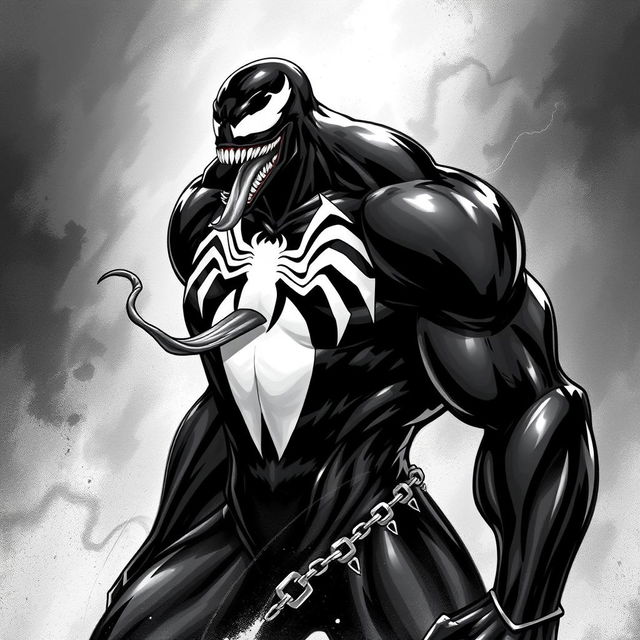 A striking black and white illustration of Venom, featuring the iconic large, white, spider symbol on his chest, emphasizing the contrast between the glossy black symbiote skin and the stark white details