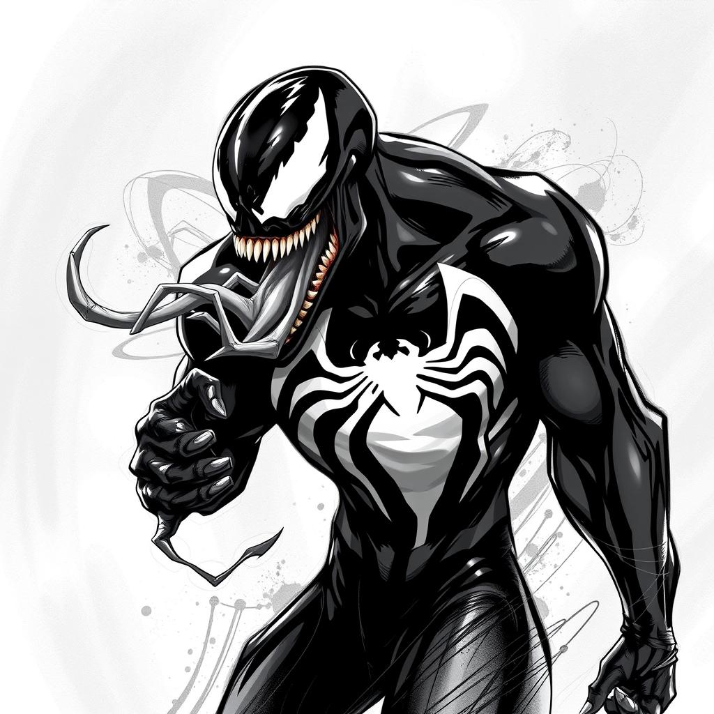 A striking black and white illustration of Venom, featuring the iconic large, white, spider symbol on his chest, emphasizing the contrast between the glossy black symbiote skin and the stark white details