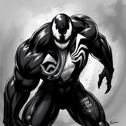 A striking black and white illustration of Venom, featuring the iconic large, white, spider symbol on his chest, emphasizing the contrast between the glossy black symbiote skin and the stark white details