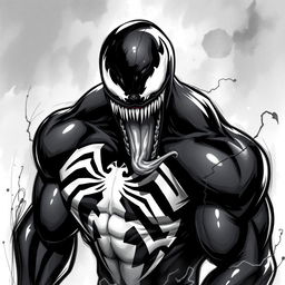 A striking black and white illustration of Venom, featuring the iconic large, white, spider symbol on his chest, emphasizing the contrast between the glossy black symbiote skin and the stark white details