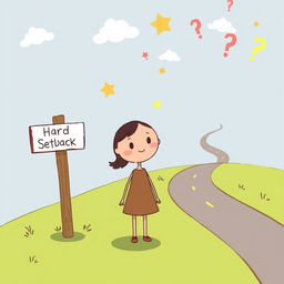 A whimsical cartoon illustration continuing the story of the young girl from previous scenes