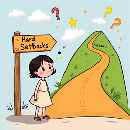 A whimsical cartoon illustration continuing the story of the young girl from previous scenes