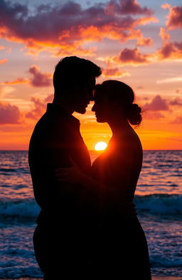 A romantic scene of two lovers embracing tenderly against a breathtaking sunset over the ocean