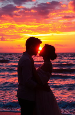 A romantic scene of two lovers embracing tenderly against a breathtaking sunset over the ocean