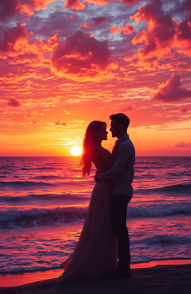 A romantic scene of two lovers embracing tenderly against a breathtaking sunset over the ocean