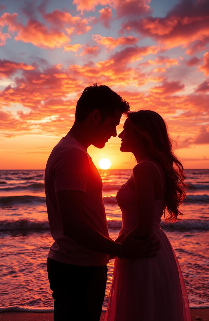 A romantic scene of two lovers embracing tenderly against a breathtaking sunset over the ocean