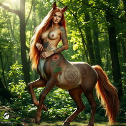 A centaur woman standing gracefully in a lush, enchanted forest