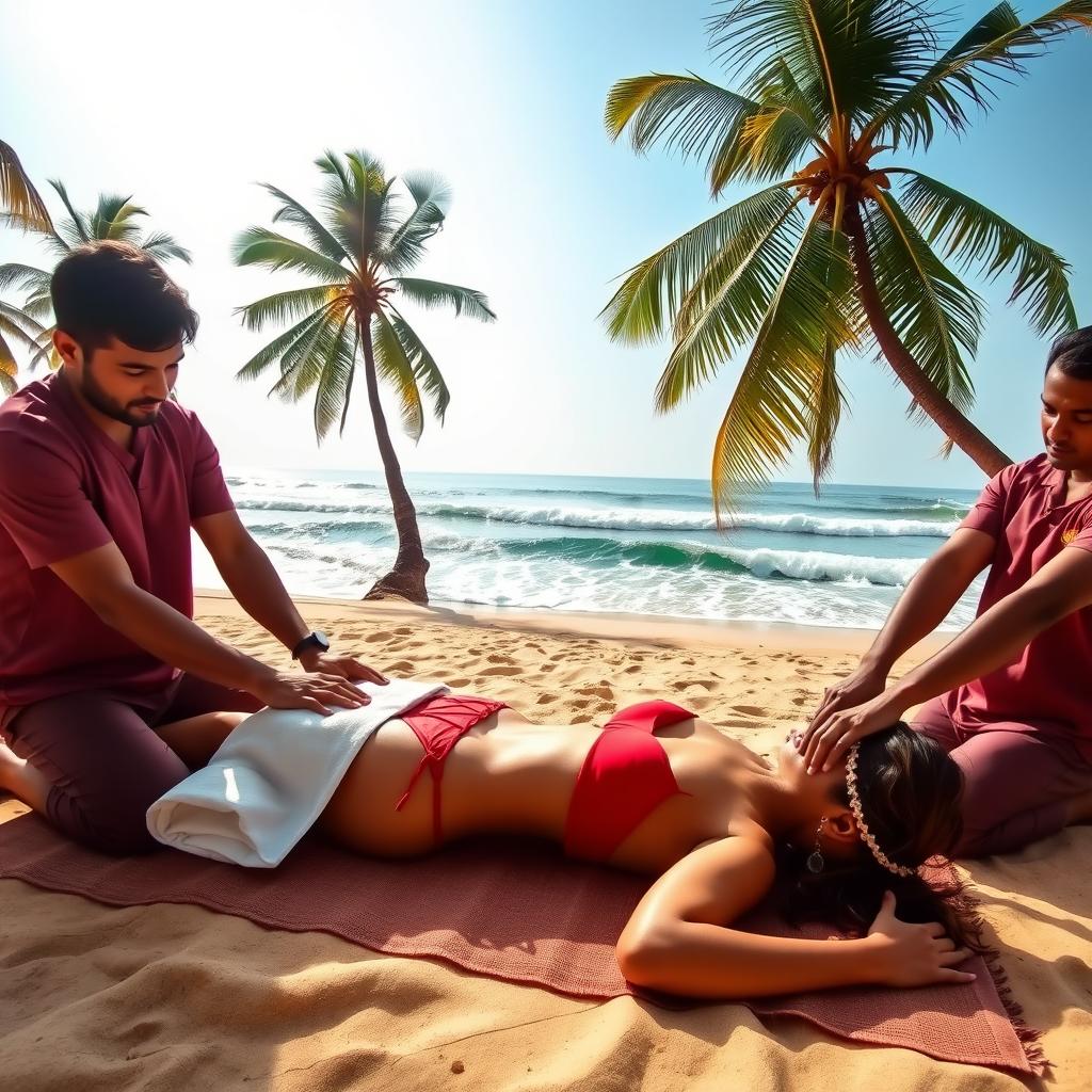 A serene and inviting scene on a picturesque Goan beach, featuring a beautiful woman in a vibrant red bikini enjoying a relaxing massage