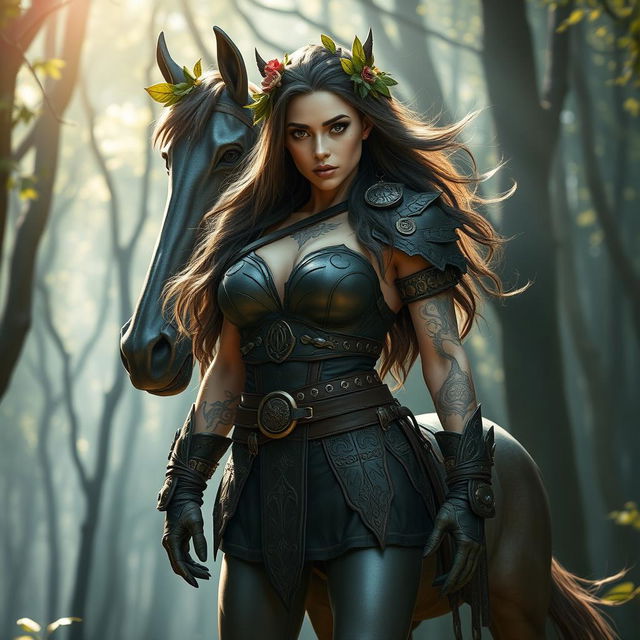 A fierce centaur woman standing boldly in a mystical forest