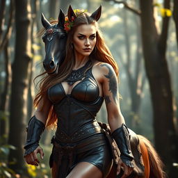 A fierce centaur woman standing boldly in a mystical forest