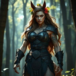 A fierce centaur woman standing boldly in a mystical forest