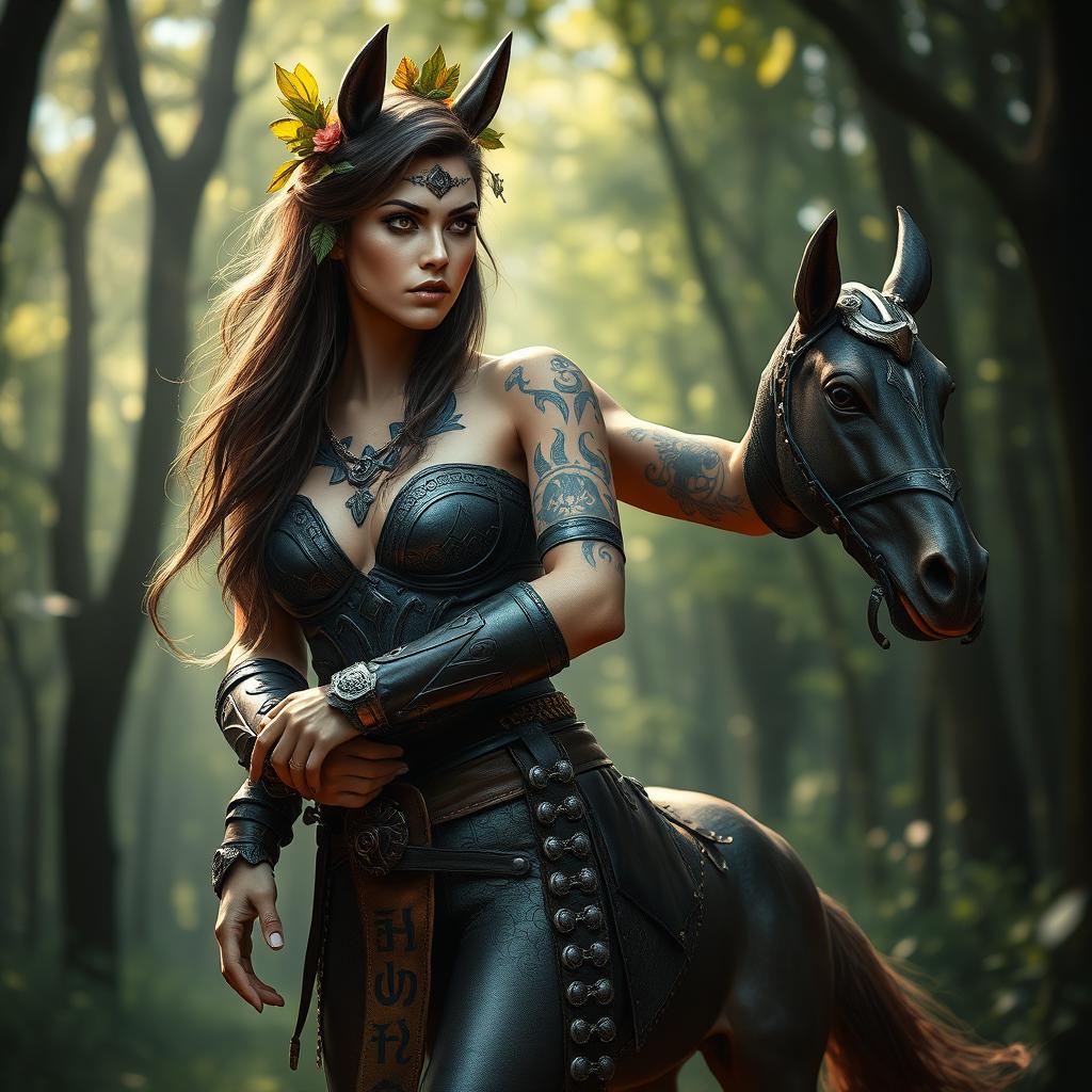 A fierce centaur woman standing boldly in a mystical forest