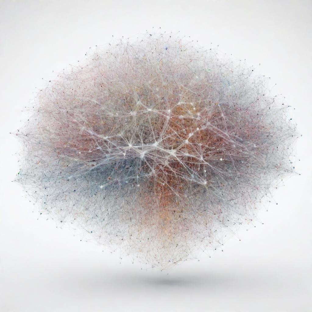 A vast, large-scale visualization of a data cloud with interconnected neural networks, all set against a white background, displaying the enormity and complexity of data connections.