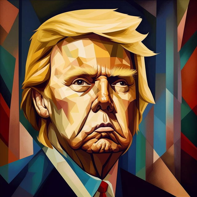 A unique Picasso-styled Cubist portrait of Donald Trump, focusing on geometrical forms and multiple perspectives while avoiding any political connotations.