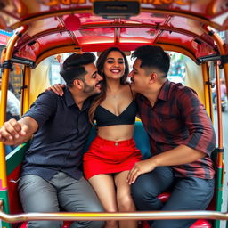 A playful and vibrant scene set inside a colorful auto rickshaw, featuring a beautiful woman wearing a stylish red mini skirt and a black crop top that shows off her navel