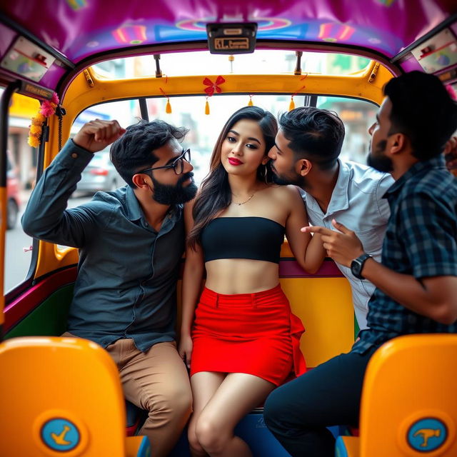 A playful and vibrant scene set inside a colorful auto rickshaw, featuring a beautiful woman wearing a stylish red mini skirt and a black crop top that shows off her navel