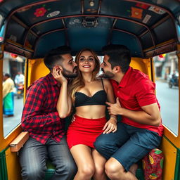 A playful and vibrant scene set inside a colorful auto rickshaw, featuring a beautiful woman wearing a stylish red mini skirt and a black crop top that shows off her navel