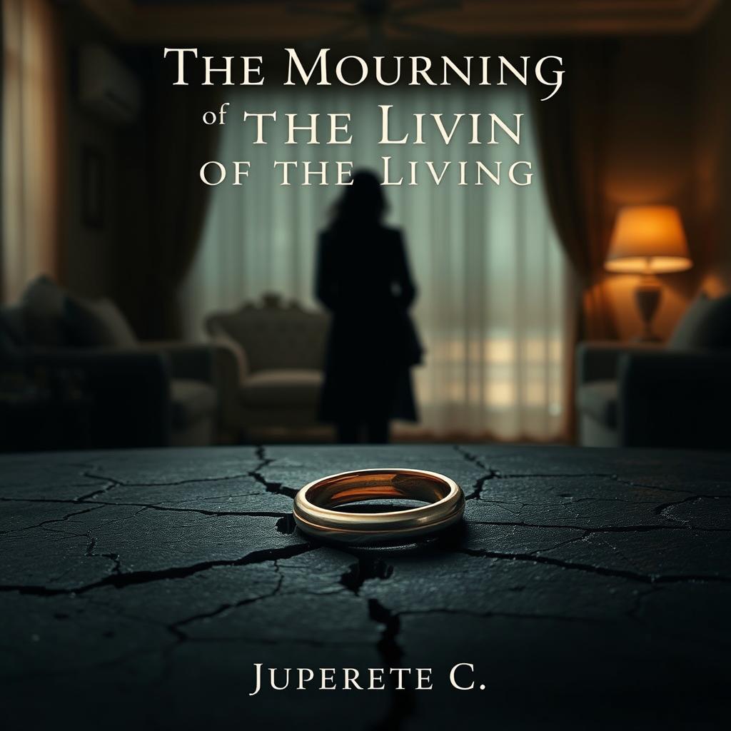 A compelling ebook cover titled 'The Mourning of the Living,' capturing the theme of betrayal and infidelity in marriage, specifically reflecting the wife's betrayal towards her husband